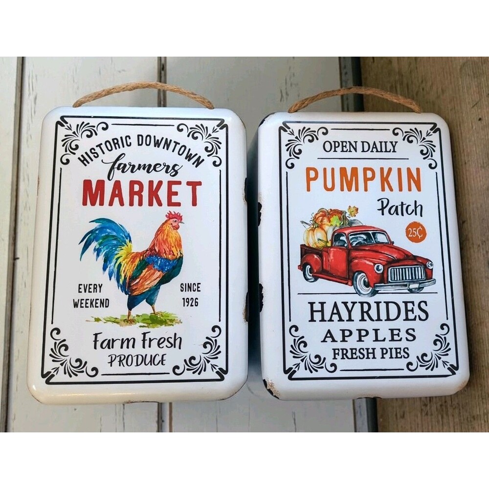 Farmers Market Rooster Historic Downtown + Pumpkin Patch Metal Signs Set of 2